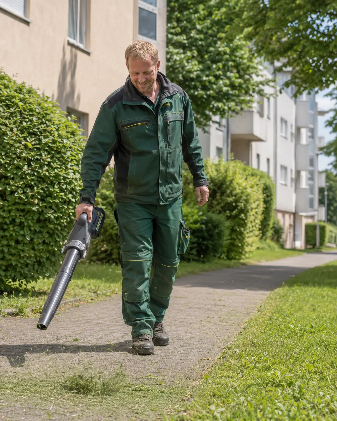 Hausmeister von AD bei der Außenpflege einer Wohnanlage in Reiskirchen